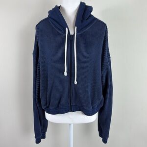 Aerie Navy Contrasting texture Waffle Knit Full Zip Cropped‎ Hoodie Size Large